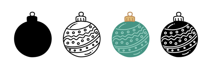 Wall Mural - Christmas ornament icon set, including outline, silhouettes and green variations isolated on white background. Concept of Holiday decoration, seasonal winter decor, traditional Christmas balls, bauble