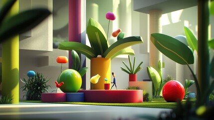 Poster - Colorful Indoor Garden with Abstract Plants and Playful Shapes