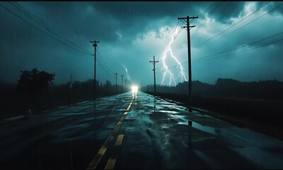 Wall Mural - A stormy road scene illuminated by lightning, showcasing dark clouds and rain-soaked pavement.