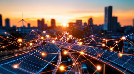 Poster - Urban Landscape with Renewable Energy and Network Connections at Sunset