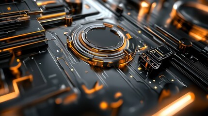 Poster - Close-Up View of Futuristic Circuit Board with Orange Highlights