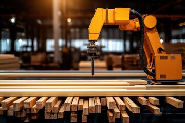 Poster - Robotic Arm Operating in Woodworking Workshop with Planks and Tools