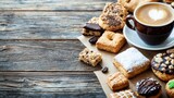 Assorted Delicious Cookies with Espresso Coffee on Rustic Wooden Table