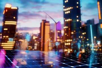 Aufkleber - Futuristic City Skyline with Digital Overlay and Solar Panels