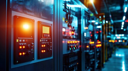 Poster - Control Panel in Modern Industrial Setting with Illuminated Lights