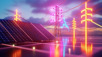 Poster - Vibrant Solar Panels and Electric Power Transmission at Sunset