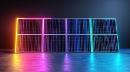 Poster - Colorful Neon Solar Panels with Modern Lighting Effects in Dark