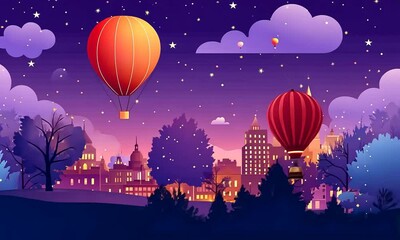 Wall Mural - A colorful hot air balloon floats over a vibrant city skyline at twilight with stars and clouds.