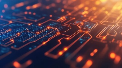Poster - Abstract digital circuit board glowing with orange and blue light.