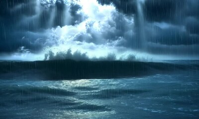 Wall Mural - A dramatic ocean scene with rain and dark clouds, creating a moody atmosphere.