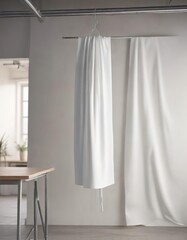 Wall Mural - A single white fabric roll hanging from a hook on a metal frame in a modern craft room, handmade crafts , fiber arts, embroidery floss