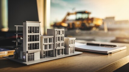 Poster - A miniature architectural model on a desk with construction equipment in the background.