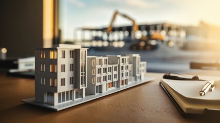 Poster - A scale model of a modern building on a desk with construction in the background.