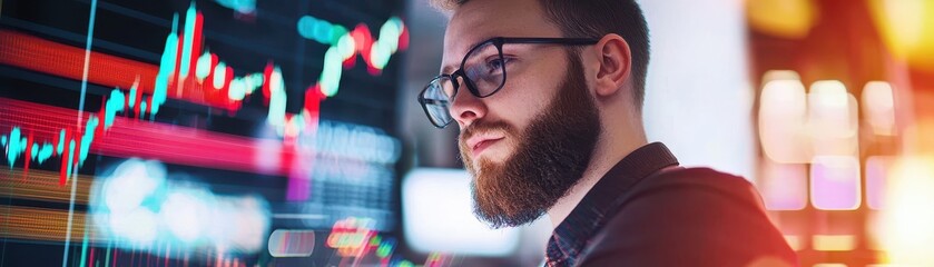 Poster - Businessman Analyzing Financial Data on Computer Screen at Night
