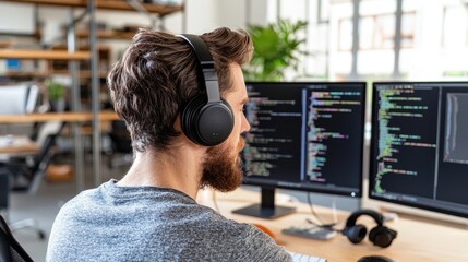Poster - Man Wearing Headphones While Coding on Dual Computer Monitors