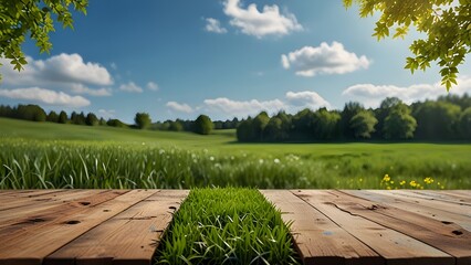 Spring summer beautiful background with green juicy young grass and empty wooden table in nature outdoor. Natural template landscape with blue sky and Generative AI