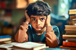 © PRASANNAPIX - indian boy looking at camera, stressed and sad, one hand on head, books on table, bedroom background