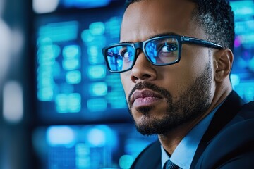 Aufkleber - Focused Businessman Analyzing Data on Digital Display Screen