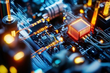 Poster - High-Tech Circuit Board with Illuminated Components and Connections