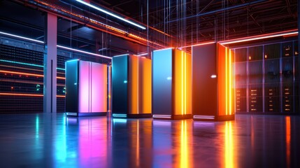Poster - Colorful Data Center with Illuminated Server Racks at Night Time