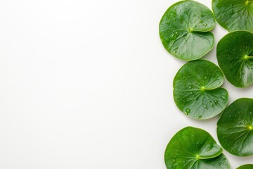 Poster - Fresh Green Leaves with Water Droplets on White Background