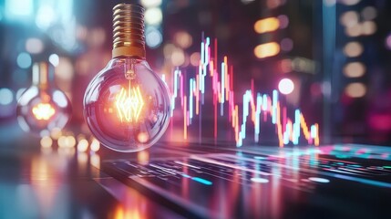 Poster - Creative Light Bulb with Abstract Financial Chart in Soft Focus