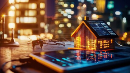Poster - Smart Home Concept with Digital Display and City Skyline Background
