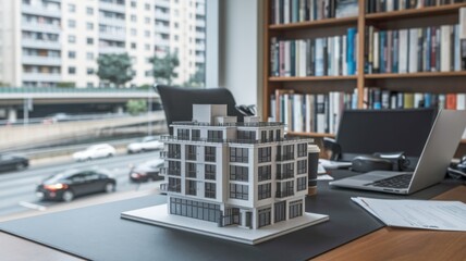 Poster - A model of a modern building displayed in an office setting with a city view outside.