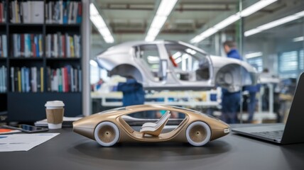 Poster - A futuristic car model on a desk with a vehicle prototype in the background.
