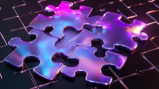 Photo of a purple puzzle with one piece missing. Web banner with copy space in right corner for text or logo