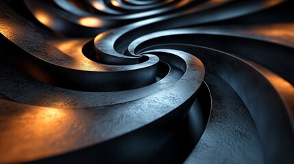 Poster - Spiral shapes intersecting in a dark, metallic setting with glowing highlights