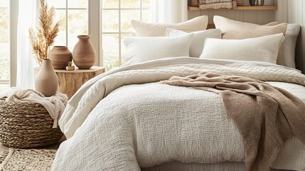 Poster - Cozy bedroom design featuring soft peach fuzz bedding and natural decor accents