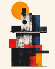 Poster - Bold graphic composition depicting abstract shapes and a sun in high contrast colors