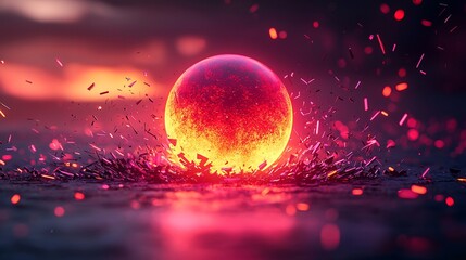 Poster - Glowing orb radiates light among floating metallic shards at twilight