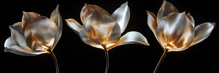 Poster - Golden tulip flowers glowing beautifully in soft light against a dark background