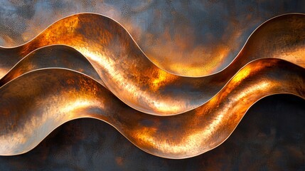 Poster - Abstract wave formation crafted from burnished metal showcasing flowing lines and warm tones