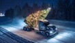 © Simon - Merry Christmas Big Rick Trailer Truck With Fir Tree Riding in Snowfall at Night