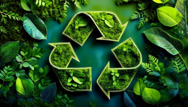 Ecothemed illustrations of plants and recycling symbols, promoting Prioritize Our Planet selective focus, environmental awareness, realistic, Composite, Nature park backdrop