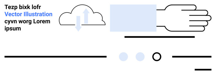 Cloud with arrows, hand, rectangle, text, lines, dots. Ideal for tech, business, web development, innovation, data flow user interface minimalism themes Landing page