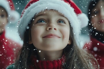 Wall Mural - Smiling children donning Santa hats radiate joy in a winter wonderland.