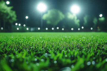 Brightly lit football field surrounded by vibrant grass on a cool night