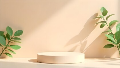 Poster - 3D podium with a pastel beige background, nude pedestal, tree branch shadows, and green leaves. Perfect for beauty or cosmetic product mockups