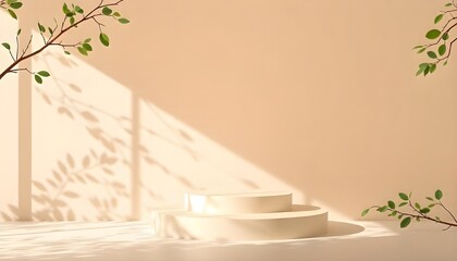 Poster - 3D podium with a pastel beige background, nude pedestal, tree branch shadows, and green leaves. Perfect for beauty or cosmetic product mockups