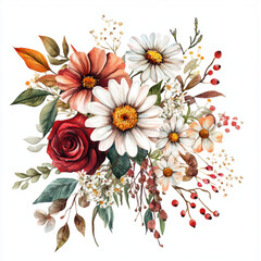 Poster - watercolour floral bouquet, daisies, roses, gerberas, leaves, baby's breath, white, red, orange, green leaves neutral, isolated on white background