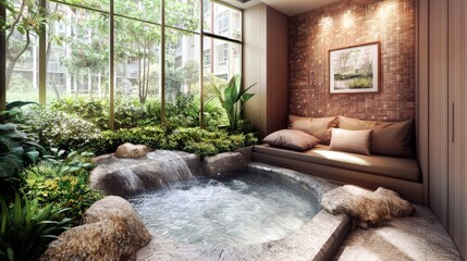 Poster - Tranquil Indoor Garden Oasis with Water Feature and Cozy Seating Area for Relaxation and Meditation