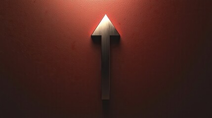 Poster - Metallic Arrow Icon Illuminated Against Red Wall Background in Modern Decor Setting