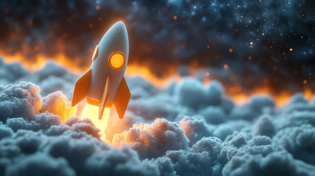 Computer graphics showing a rocket taking off through the clouds. Taking off, starting something new, or achieving a goal.