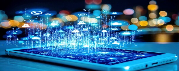Poster - Futuristic Smartphone Displaying Digital Icons and Bright Glowing Data Streams at Night with City Lights Background