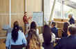 © Studio Romantic - Young business man talking about work project for a group of company employees sitting back in meeting room. Diverse business people discussing company growth on a conference in office.