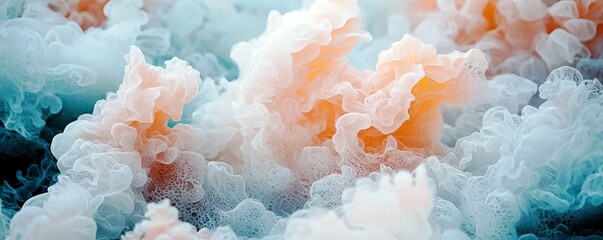 Poster - Ethereal Abstract Texture of Soft Swirls in Aquatic Tones of Blue, Orange, and White with Delicate Patterns